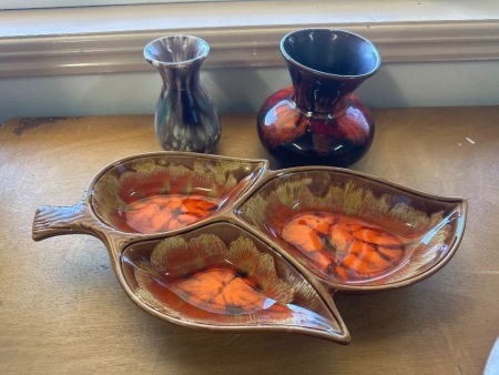 2 Drip Glazed Vases + 1 Leaf Serving Tray