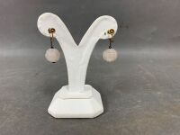 Antique Chinese Rose Quartz Earrings Set in Silver & Gold - 2