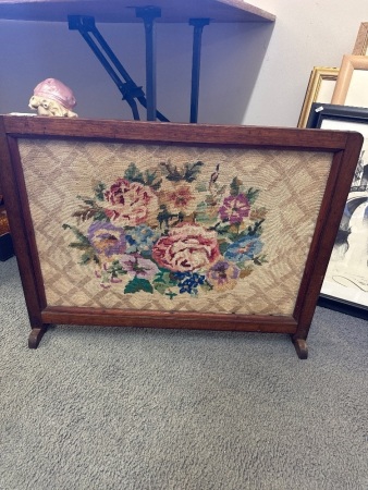 Antique Wood Framed Needlepoint Fireplace Screen