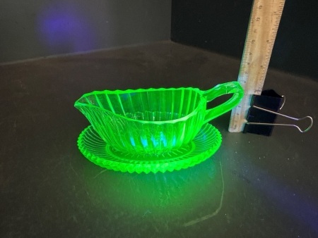 Uranium Glass Sauce Boat on Dish