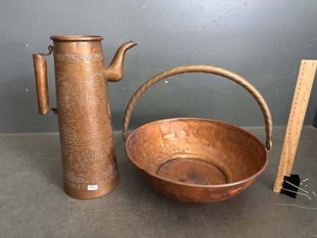 Vintage Beaten Copper Bowl with Brass Handle and Copper Pitcher