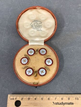 Set of 6 Antique Mother of Pearl & Enamel Buttons in Original Box from Proud's Jewellers, Sydney