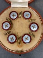 Set of 6 Antique Mother of Pearl & Enamel Buttons in Original Box from Proud's Jewellers, Sydney - 2