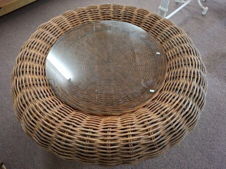 Round Cane Coffee Table with Glass Table Top