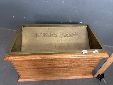 Large Brass & Wooden Smokers Please Ashtray/Cigarette Bin
