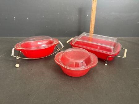 3 x Red Pyrex Casserole Dishes 2 on Stands