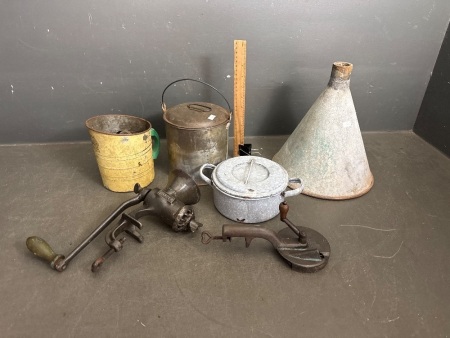 Mixed Metal lot inc. Billy Can, Bean Cutter, Harper Grinder & Funnel