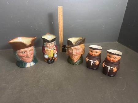 3 Royal Doulton Toby Jugs + Pair of Monk Jugs