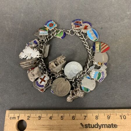 Sterling Silver Charm Bracelet with Lots of Enamelled City Tokens Etc