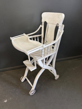 Antique Wooden Convertible Childrens High Chair / Pram