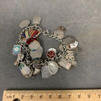 Sterling Silver Charm Bracelet with Lots of Enamelled City Tokens Etc - 2