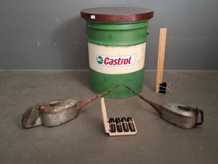 Bakelite Shell Diesel Engine Oil Sample Kit - 2 Oil Tins - Castrol Oil Tin Side Table