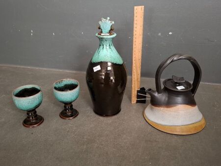 Woburn Pottery Drip Decanter & 2 Cup Set + Pottery Teapot Marked Haryice