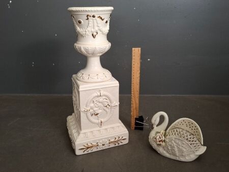 Vintage Ceramic Base and Vase Urn - Incs Ceramic Swan Vase