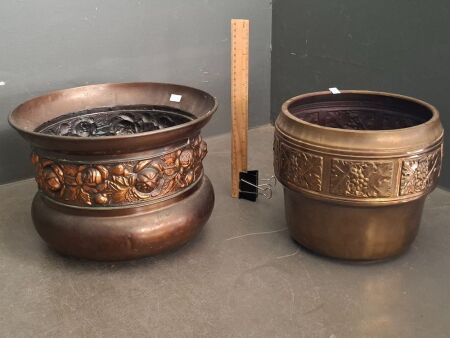2 Floral Embossed Planters - 1 Genuine Halah Ware Solid Brass - 1 Copper