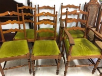 Set of 6 Vintage Oak Ladderback Dining Chairs with Padded Seat Inserts inc. 2 Carvers