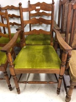 Set of 6 Vintage Oak Ladderback Dining Chairs with Padded Seat Inserts inc. 2 Carvers - 2