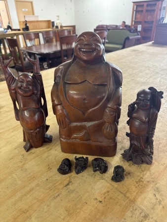 3 Wooden Buddhas + Small Wooden Figurines