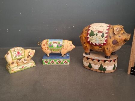 3 Various Sized Colourful Pig Resin Figurines