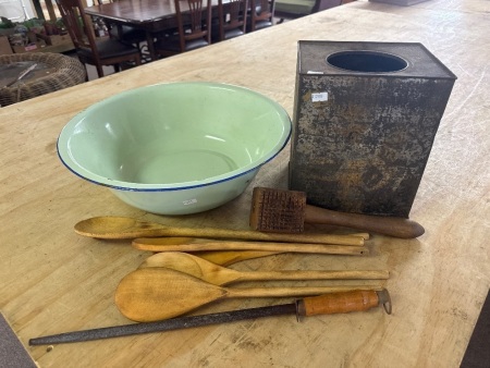 Vintage Bushells Tea Tin with Wooden Kitchen Utensils and Large Green Enamel Bowl