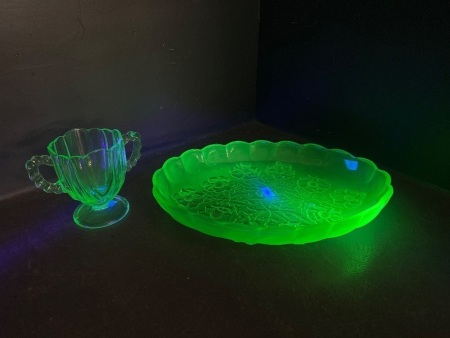 Uranium Glass Floral Dish & Trophy Cup
