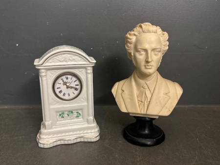 Belleek Mini Mantel Clock & Chopin Bust Sculpture
