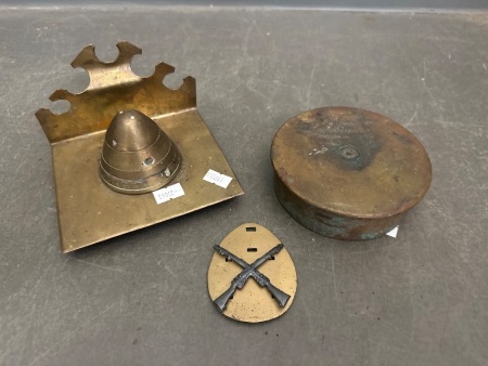 Trench Art Pen Holder & Mortar Shell Base & Badge