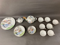 Part Chinese Porcelain Tea Set with Watermarked Bottom Tea Cups c1950's Hong Kong - As Is