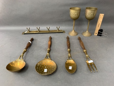 Hanging Brass Kitchen Rack and 2 Large Brass Goblets