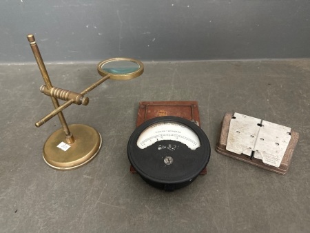 Brass Magnifying Glass on Stand + Paton Electrical Sydney Thermo-Ammeter + Craig Master Splicer USA