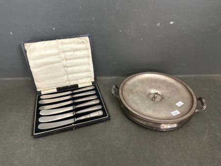 Antique C1850s Dinner Plate Warmer + Boxed Set of Hallmarked Silver Knives