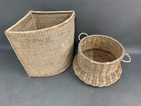 2 Vintage Cane Baskets, 1 Corner & 1 Round