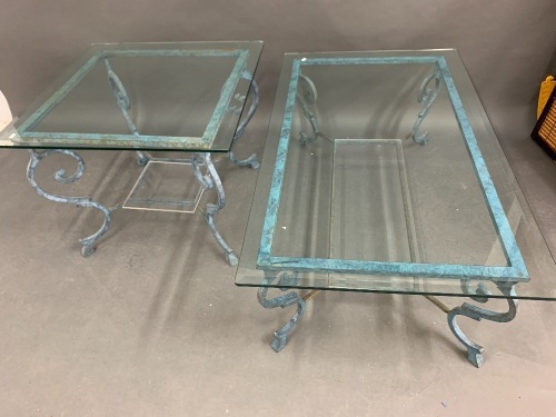 Pair of Contemporary Wrought Iron & Bevelled Glass Topped Tables