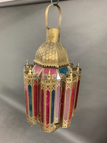 Large Turkish Brass & Coloured Glass Hanging Lantern