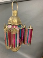 Large Turkish Brass & Coloured Glass Hanging Lantern - 2