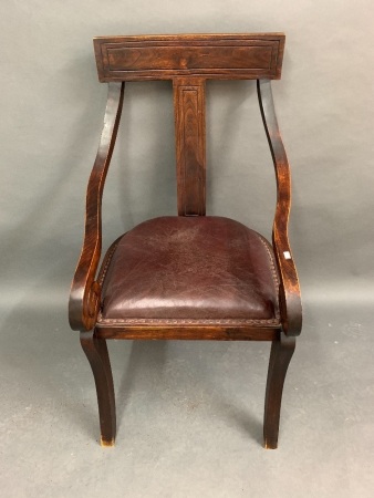 Large Leather Seated Armchair with Carved Scroll Arms