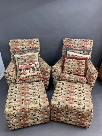 Pair of Recently Re-Upholstered Armchairs with Matching Ottomans & Asstd Cushions