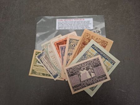 Collection of Early 1920s Austria Notgeld Emergency Money Banknotes