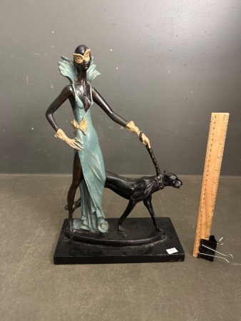 Art Deco Chalkware Statue Lady & Dog