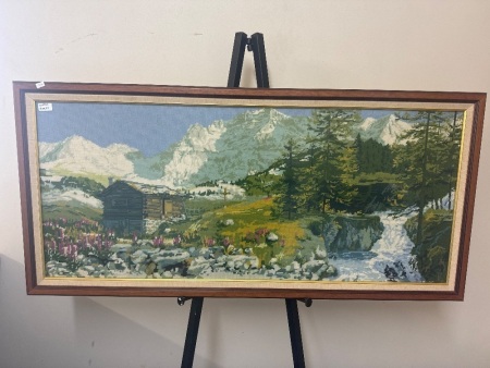 Vintage Embroidered Cabin Overlooking Snowy Mountains&nbsp;