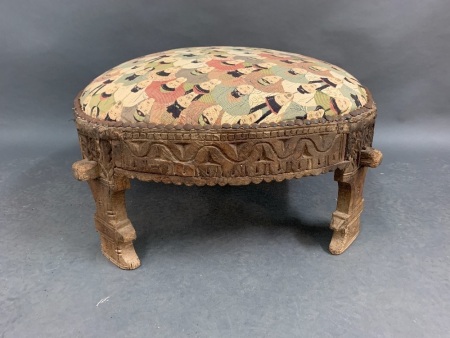 Antique Carved Timber Footstool recently Re-Upholstered