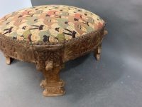 Antique Carved Timber Footstool recently Re-Upholstered - 2