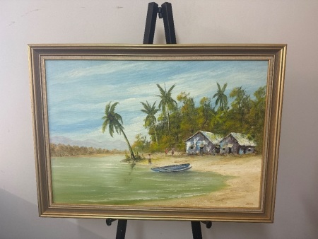 Jill Given - Tropical Shacks on the Bank Oil on Board