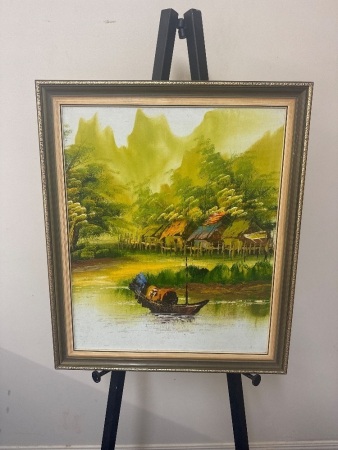Vintage Vietnamese Boating Scene Oil on Board - Artist Unknown