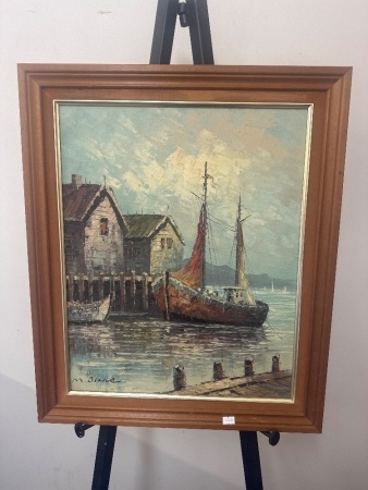 H Blake - Ship in Harbour Oil on Board