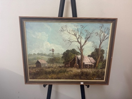 H Thomas - House with Windmill Landscape Oil on Board
