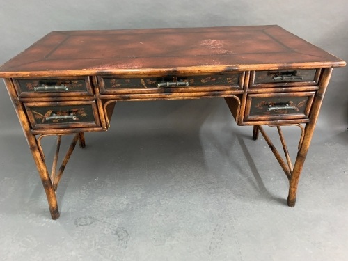 Theodore Alexander Indochine 5 Drawer Chinoiserie Bamboo Writing Desk with Leather Top and Decorated with Birds