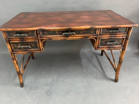 Theodore Alexander Indochine 5 Drawer Chinoiserie Bamboo Writing Desk with Leather Top and Decorated with Birds