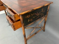 Theodore Alexander Indochine 5 Drawer Chinoiserie Bamboo Writing Desk with Leather Top and Decorated with Birds - 2