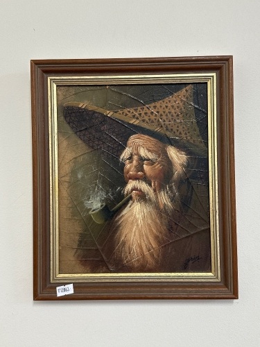 Asian Man Smoking a Pipe Mixed Media - signed by artist